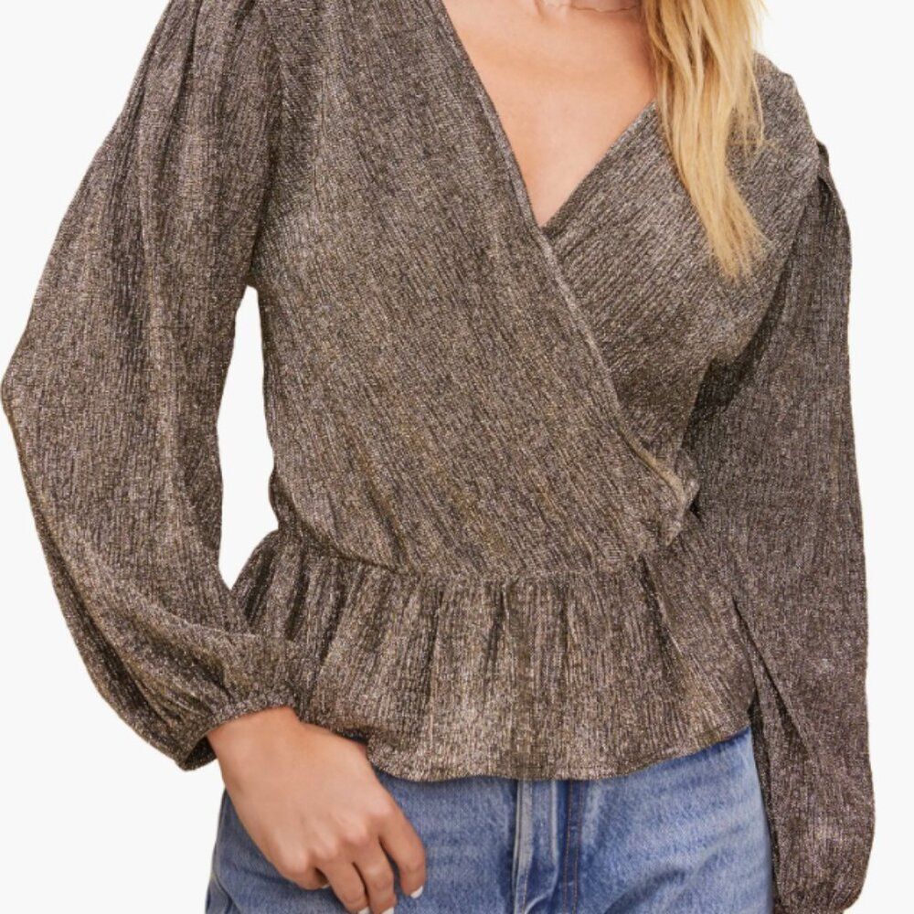 NWT ASTR The Label Metallic Reversible Peplum Top Puff Sleeve Glam Glitter Spark